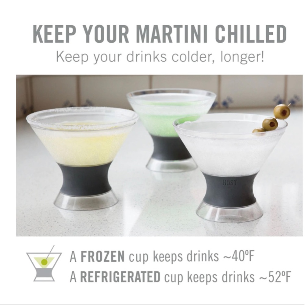 New! Martini Freeze Cooling Cups, Glasses NEW IN BOX. Clear with grey grip..HOST - Picture 2 of 16